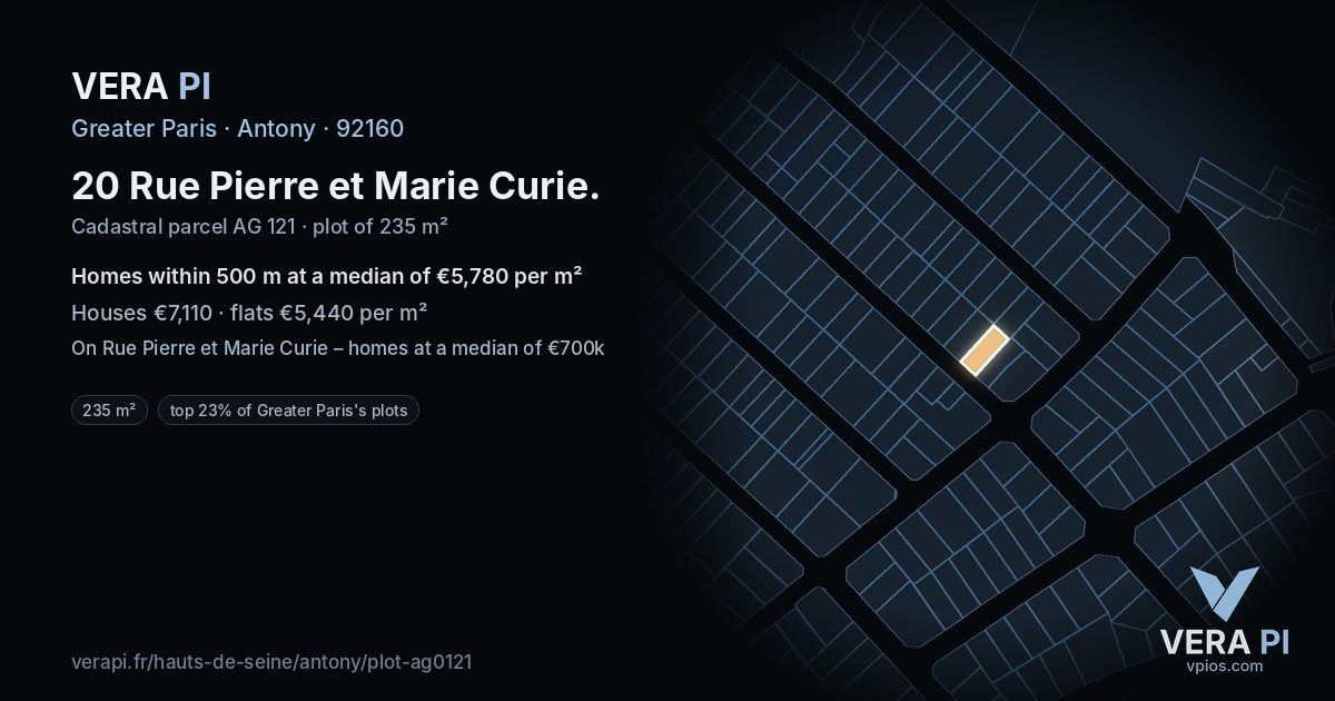 20 Rue Pierre et Marie Curie, Antony at night – the plot lit, the parcels around coloured by the prices near them