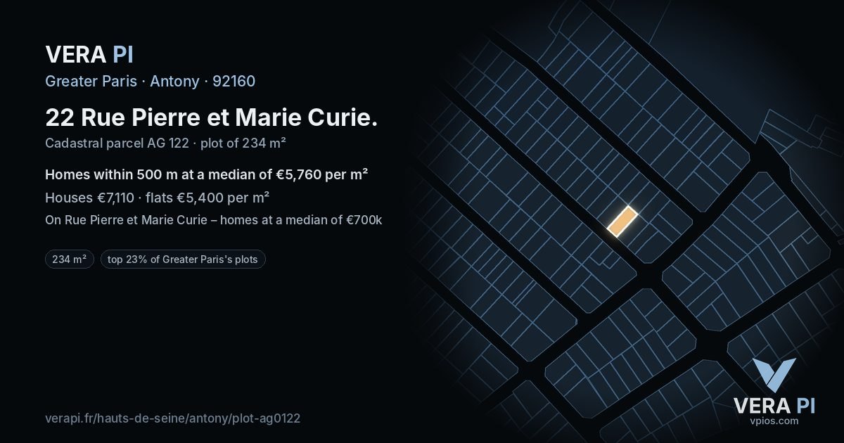 22 Rue Pierre et Marie Curie, Antony at night – the plot lit, the parcels around coloured by the prices near them