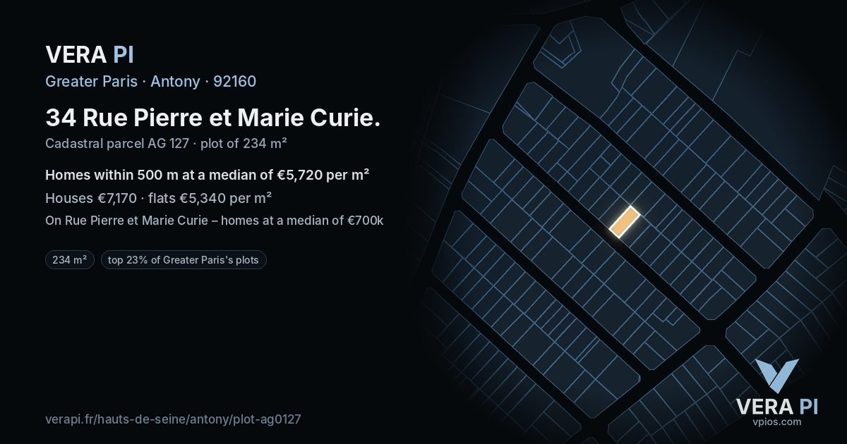 34 Rue Pierre et Marie Curie, Antony at night – the plot lit, the parcels around coloured by the prices near them