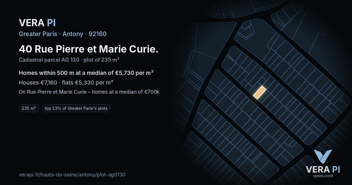 40 Rue Pierre et Marie Curie, Antony at night – the plot lit, the parcels around coloured by the prices near them