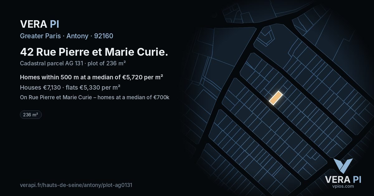 42 Rue Pierre et Marie Curie, Antony at night – the plot lit, the parcels around coloured by the prices near them