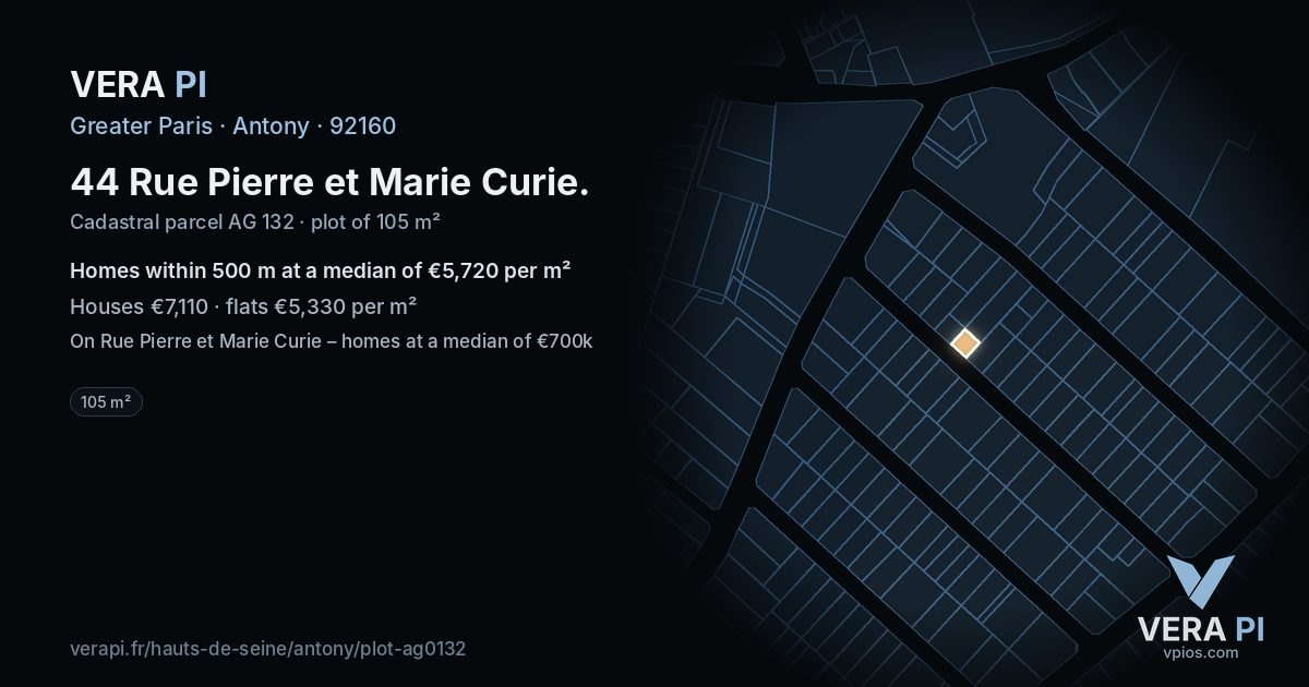 44 Rue Pierre et Marie Curie, Antony at night – the plot lit, the parcels around coloured by the prices near them