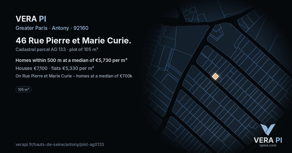46 Rue Pierre et Marie Curie, Antony at night – the plot lit, the parcels around coloured by the prices near them