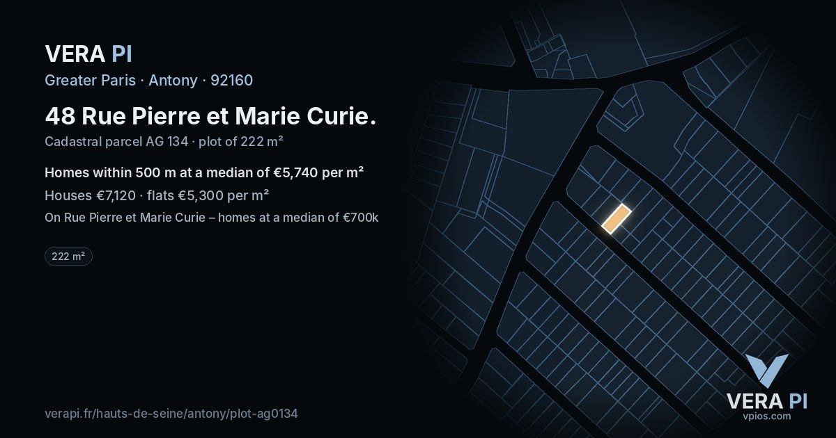 48 Rue Pierre et Marie Curie, Antony at night – the plot lit, the parcels around coloured by the prices near them