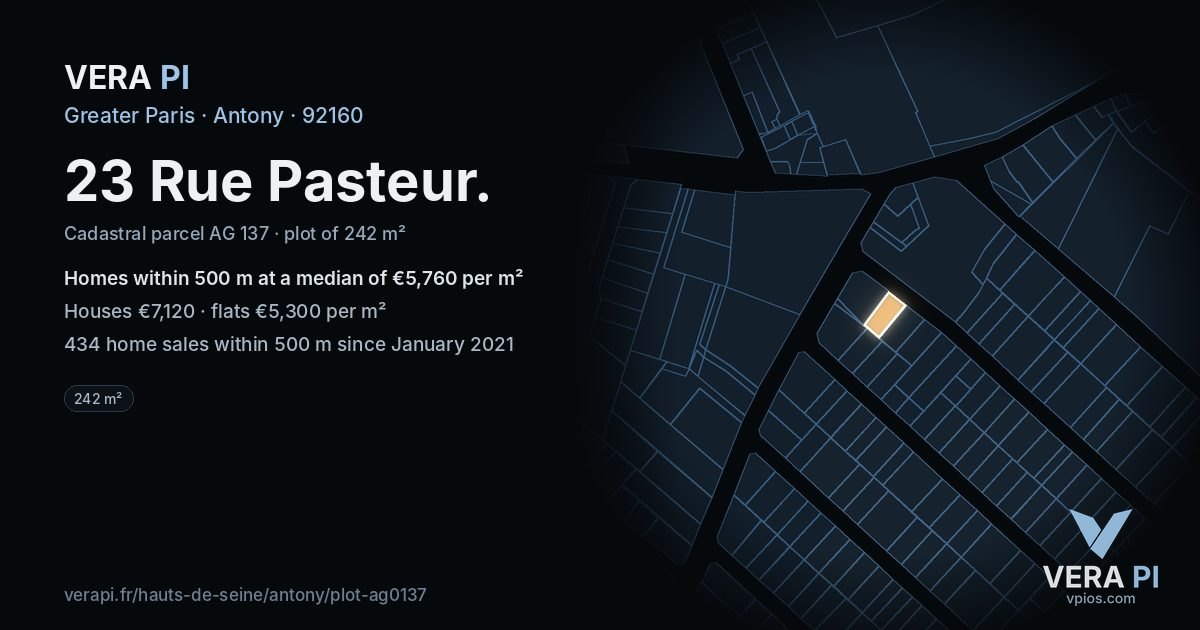 23 Rue Pasteur, Antony at night – the plot lit, the parcels around coloured by the prices near them