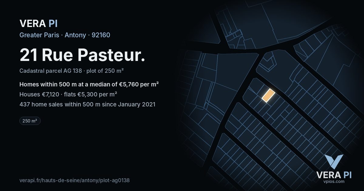 21 Rue Pasteur, Antony at night – the plot lit, the parcels around coloured by the prices near them