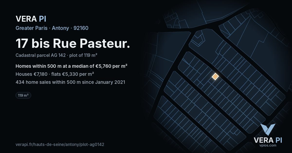 17 bis Rue Pasteur, Antony at night – the plot lit, the parcels around coloured by the prices near them