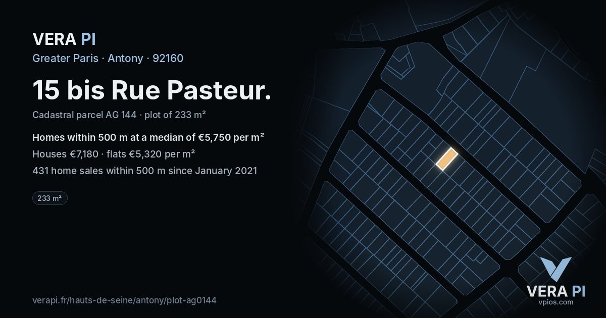 15 bis Rue Pasteur, Antony at night – the plot lit, the parcels around coloured by the prices near them