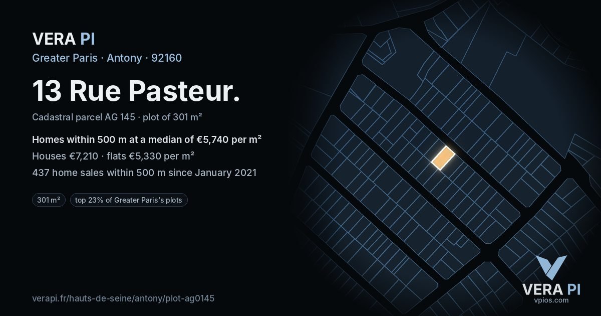 13 Rue Pasteur, Antony at night – the plot lit, the parcels around coloured by the prices near them