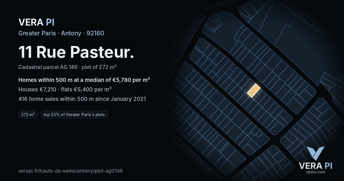 11 Rue Pasteur, Antony at night – the plot lit, the parcels around coloured by the prices near them