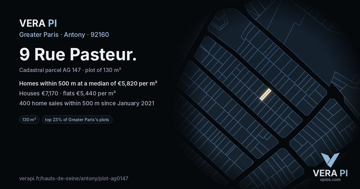 9 Rue Pasteur, Antony at night – the plot lit, the parcels around coloured by the prices near them