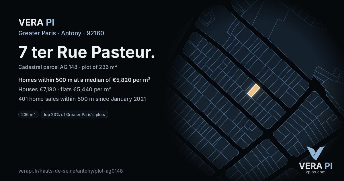 7 ter Rue Pasteur, Antony at night – the plot lit, the parcels around coloured by the prices near them