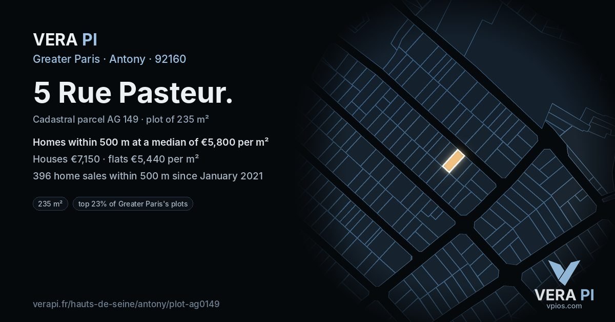 5 Rue Pasteur, Antony at night – the plot lit, the parcels around coloured by the prices near them