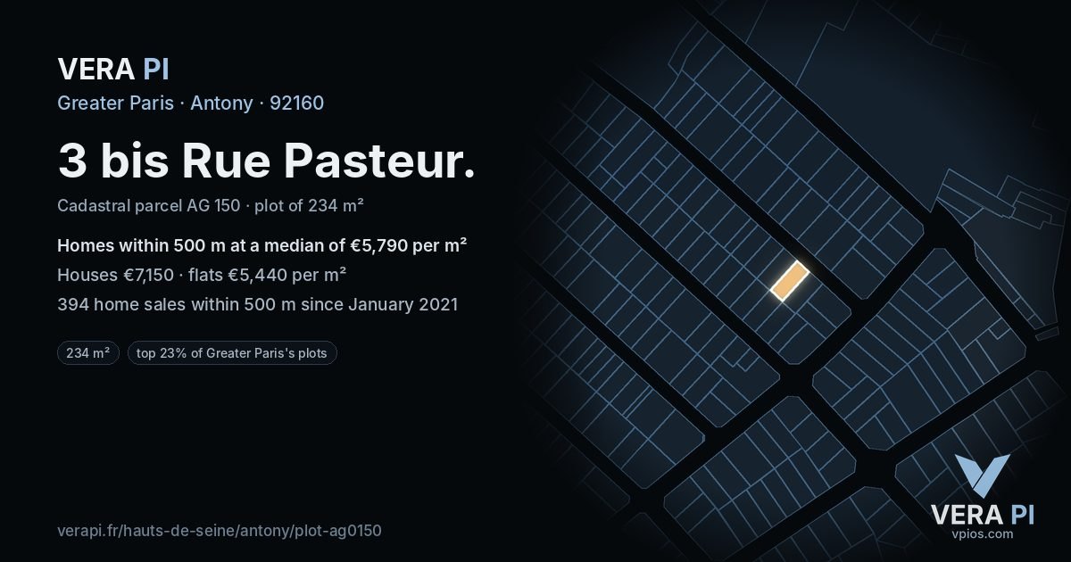 3 bis Rue Pasteur, Antony at night – the plot lit, the parcels around coloured by the prices near them