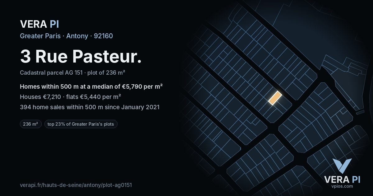 3 Rue Pasteur, Antony at night – the plot lit, the parcels around coloured by the prices near them