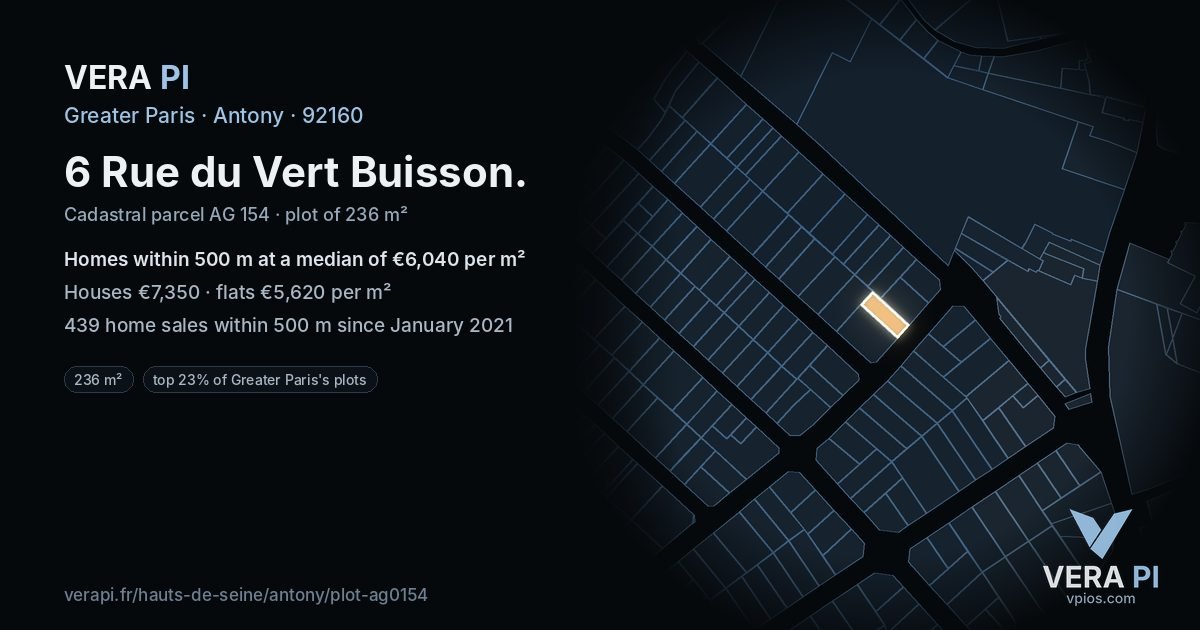 6 Rue du Vert Buisson, Antony at night – the plot lit, the parcels around coloured by the prices near them
