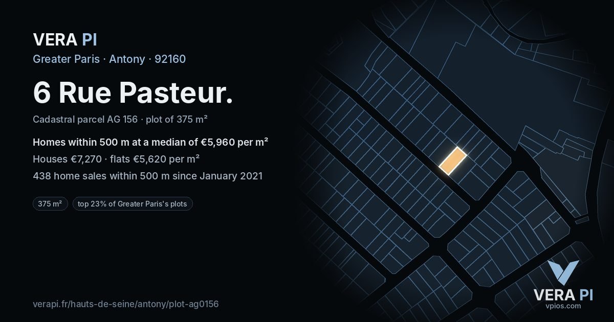 6 Rue Pasteur, Antony at night – the plot lit, the parcels around coloured by the prices near them