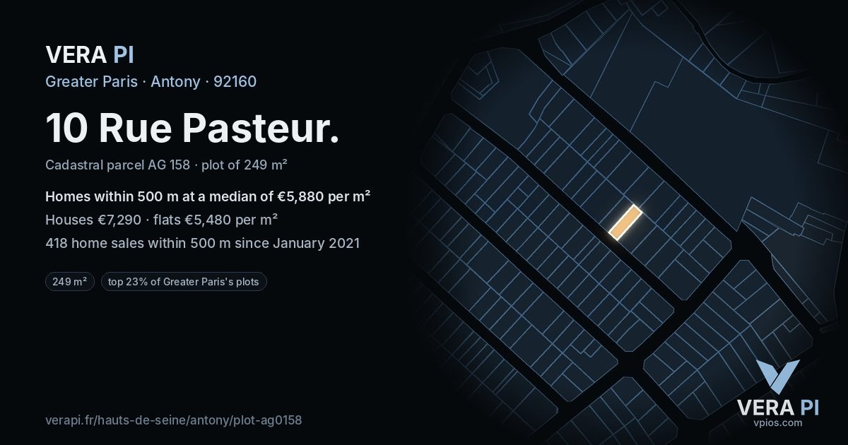 10 Rue Pasteur, Antony at night – the plot lit, the parcels around coloured by the prices near them