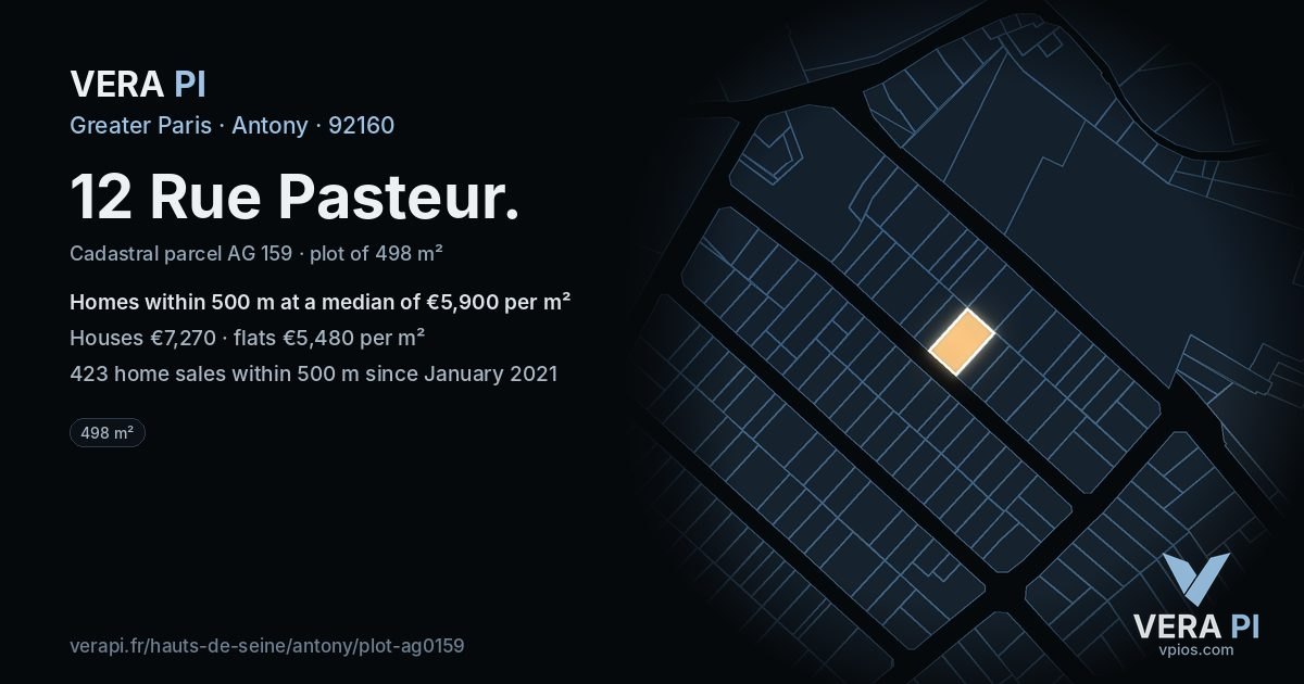 12 Rue Pasteur, Antony at night – the plot lit, the parcels around coloured by the prices near them