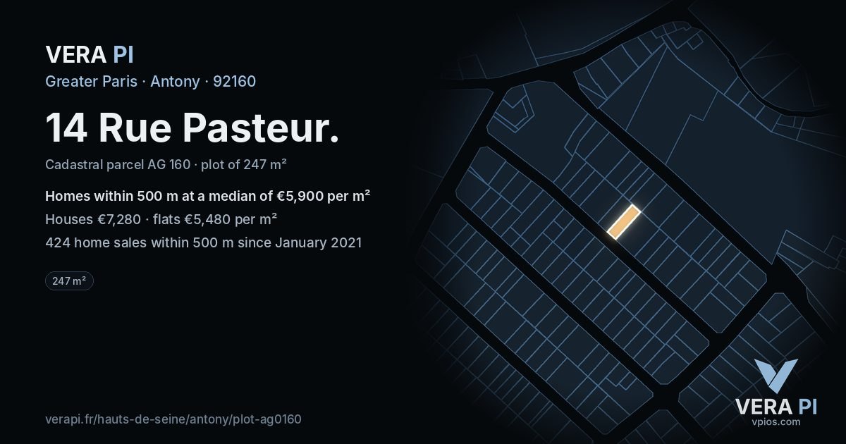 14 Rue Pasteur, Antony at night – the plot lit, the parcels around coloured by the prices near them