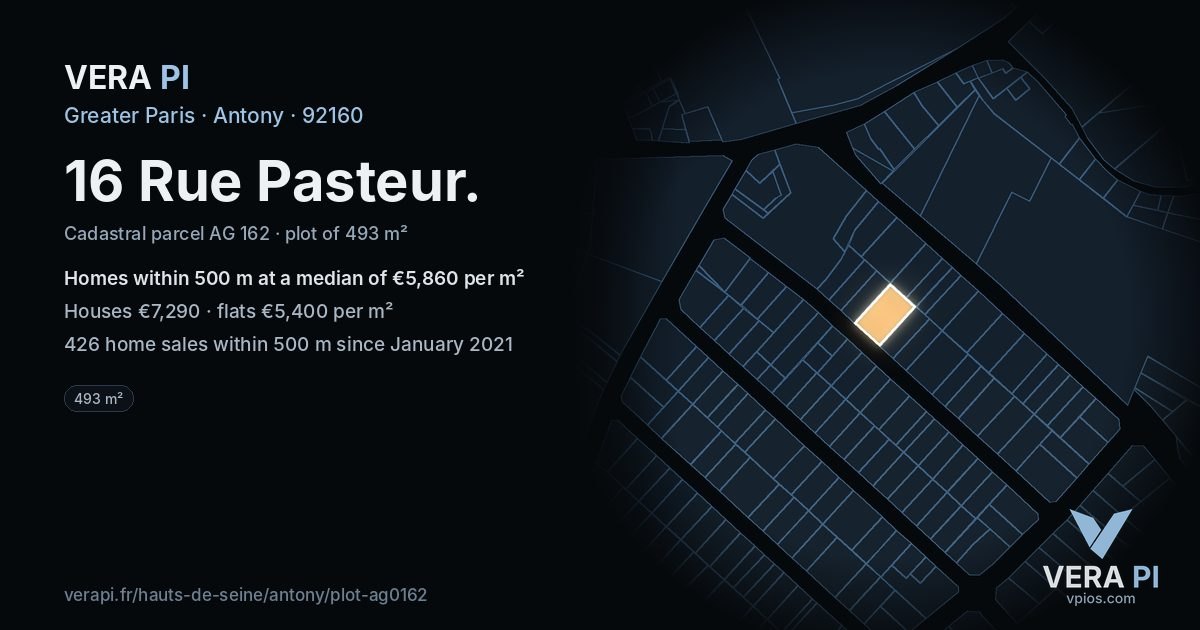 16 Rue Pasteur, Antony at night – the plot lit, the parcels around coloured by the prices near them