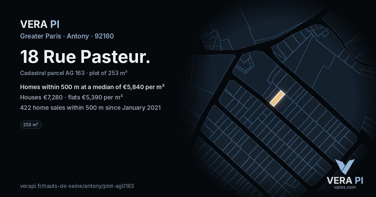 18 Rue Pasteur, Antony at night – the plot lit, the parcels around coloured by the prices near them