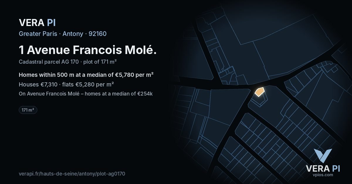 1 Avenue Francois Molé, Antony at night – the plot lit, the parcels around coloured by the prices near them
