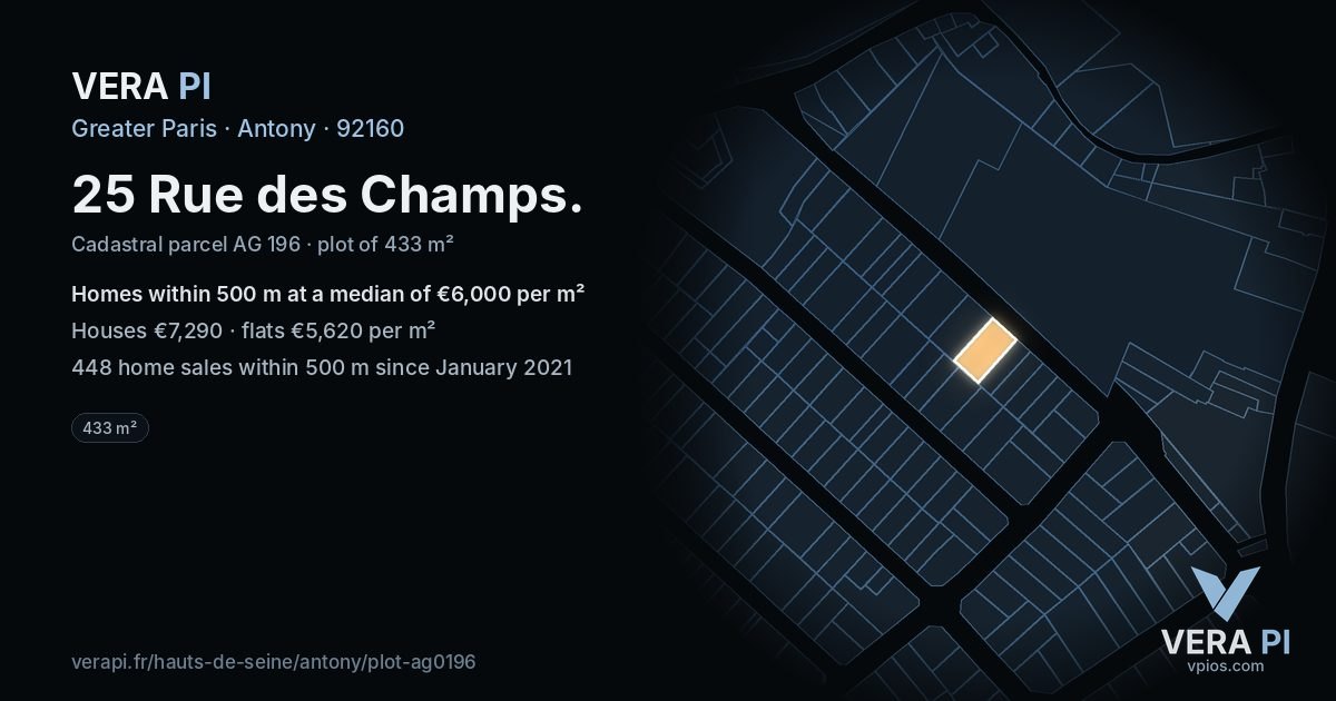 25 Rue des Champs, Antony at night – the plot lit, the parcels around coloured by the prices near them