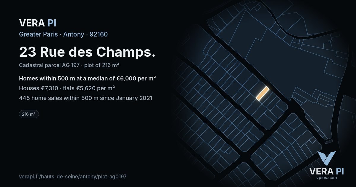 23 Rue des Champs, Antony at night – the plot lit, the parcels around coloured by the prices near them