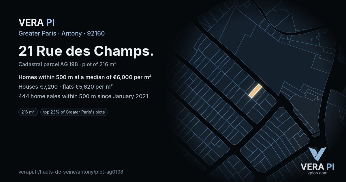 21 Rue des Champs, Antony at night – the plot lit, the parcels around coloured by the prices near them