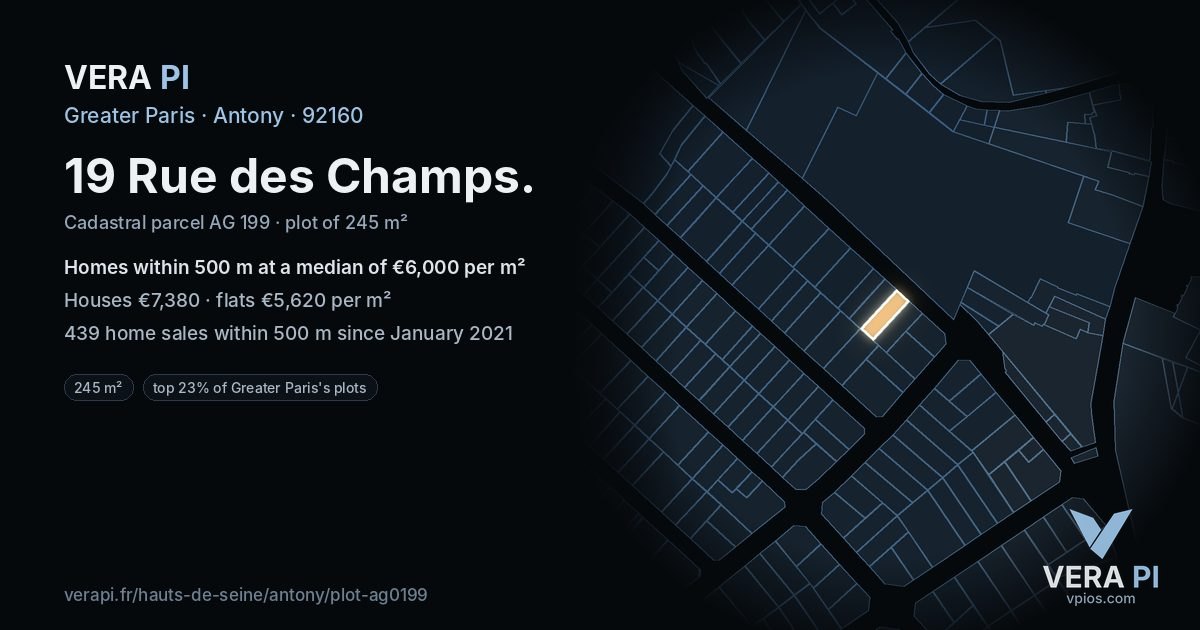 19 Rue des Champs, Antony at night – the plot lit, the parcels around coloured by the prices near them