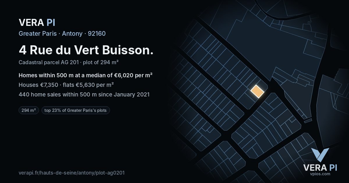 4 Rue du Vert Buisson, Antony at night – the plot lit, the parcels around coloured by the prices near them