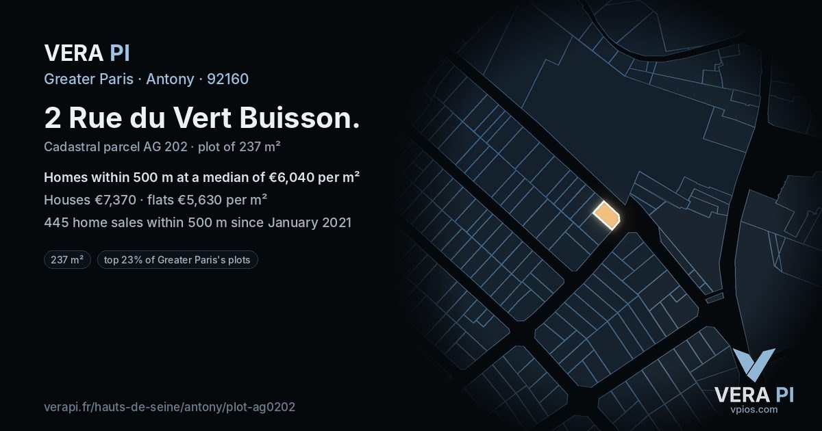 2 Rue du Vert Buisson, Antony at night – the plot lit, the parcels around coloured by the prices near them