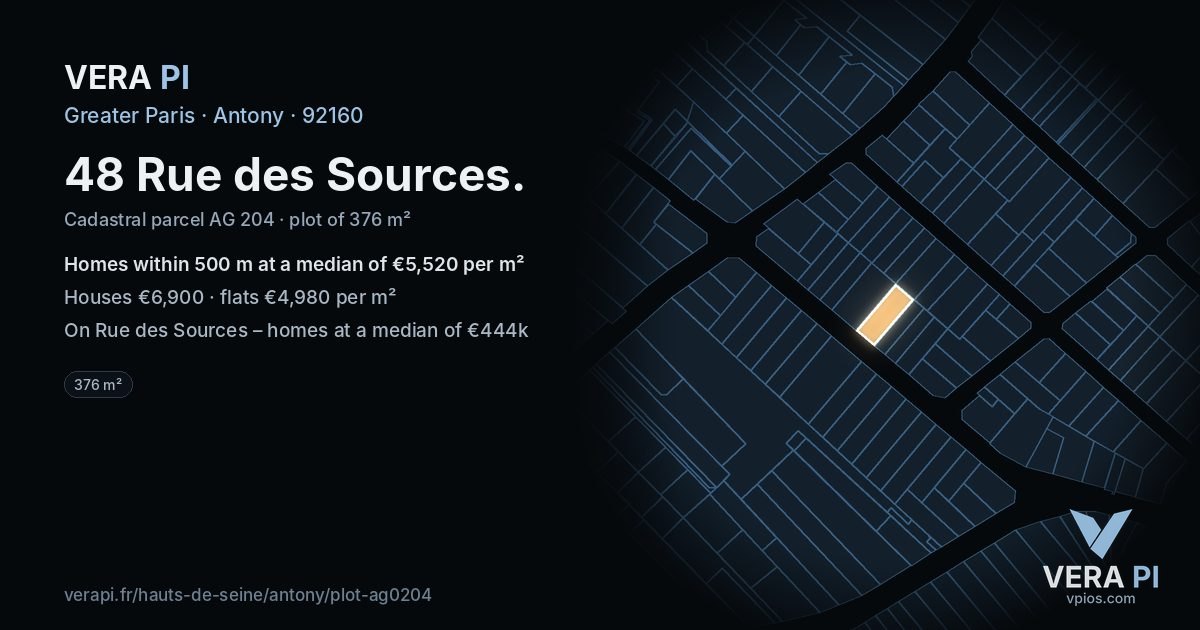48 Rue des Sources, Antony at night – the plot lit, the parcels around coloured by the prices near them