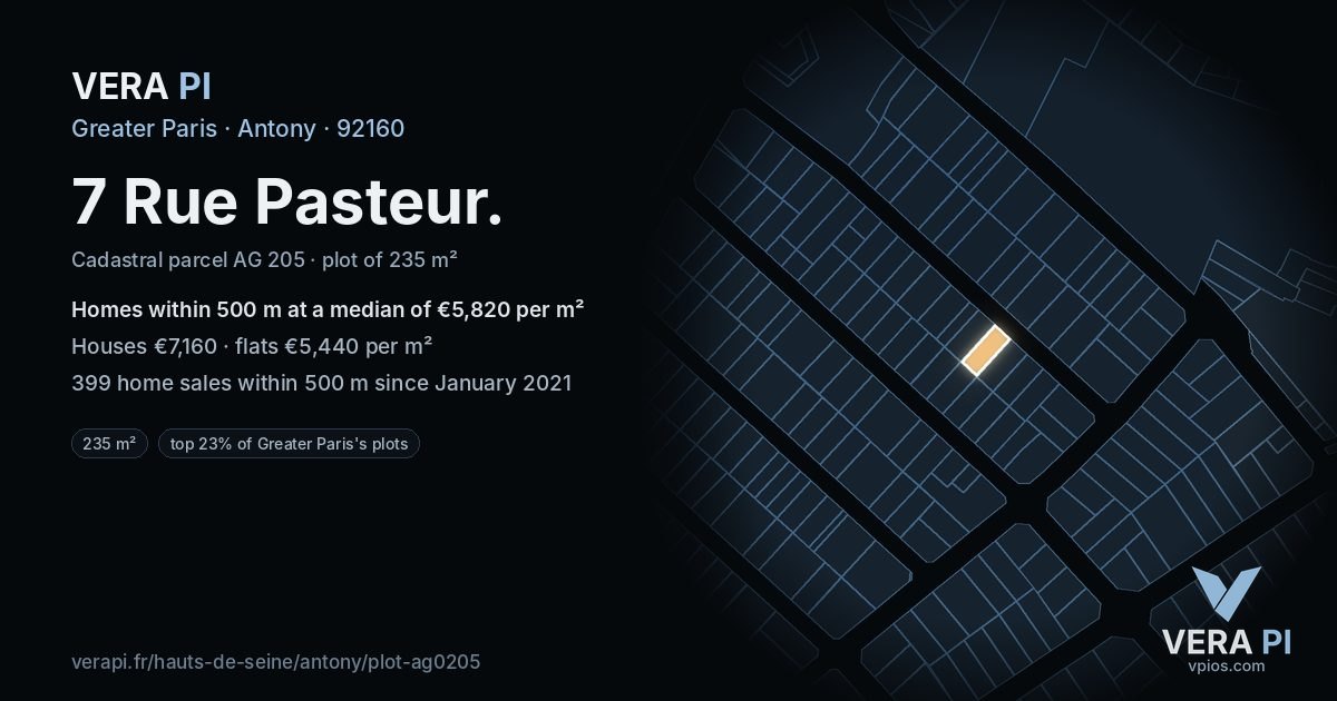 7 Rue Pasteur, Antony at night – the plot lit, the parcels around coloured by the prices near them