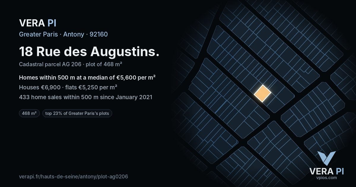 18 Rue des Augustins, Antony at night – the plot lit, the parcels around coloured by the prices near them