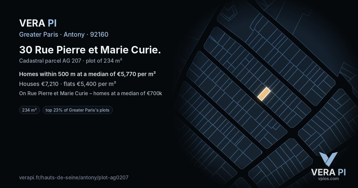 30 Rue Pierre et Marie Curie, Antony at night – the plot lit, the parcels around coloured by the prices near them