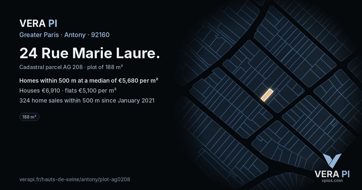 24 Rue Marie Laure, Antony at night – the plot lit, the parcels around coloured by the prices near them