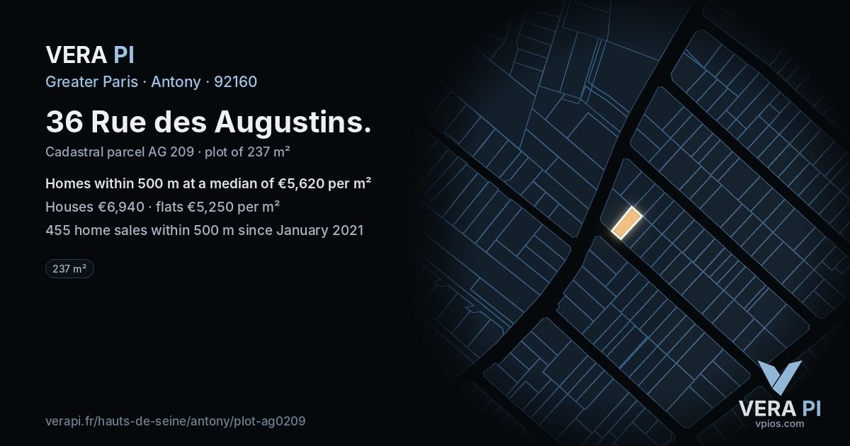 36 Rue des Augustins, Antony at night – the plot lit, the parcels around coloured by the prices near them