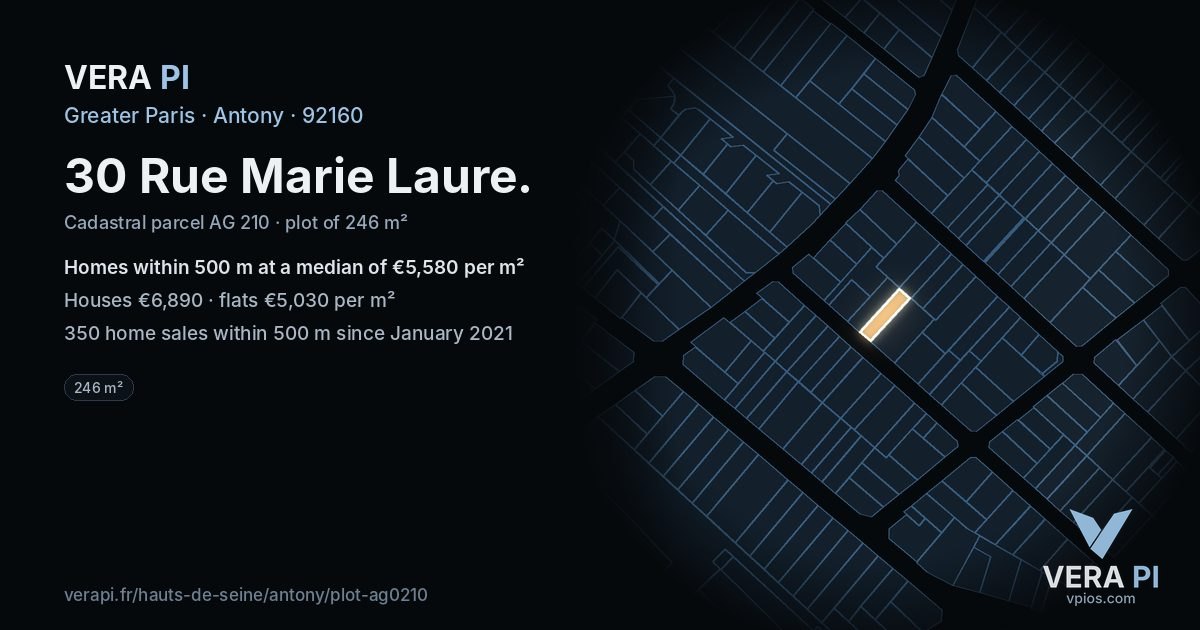 30 Rue Marie Laure, Antony at night – the plot lit, the parcels around coloured by the prices near them