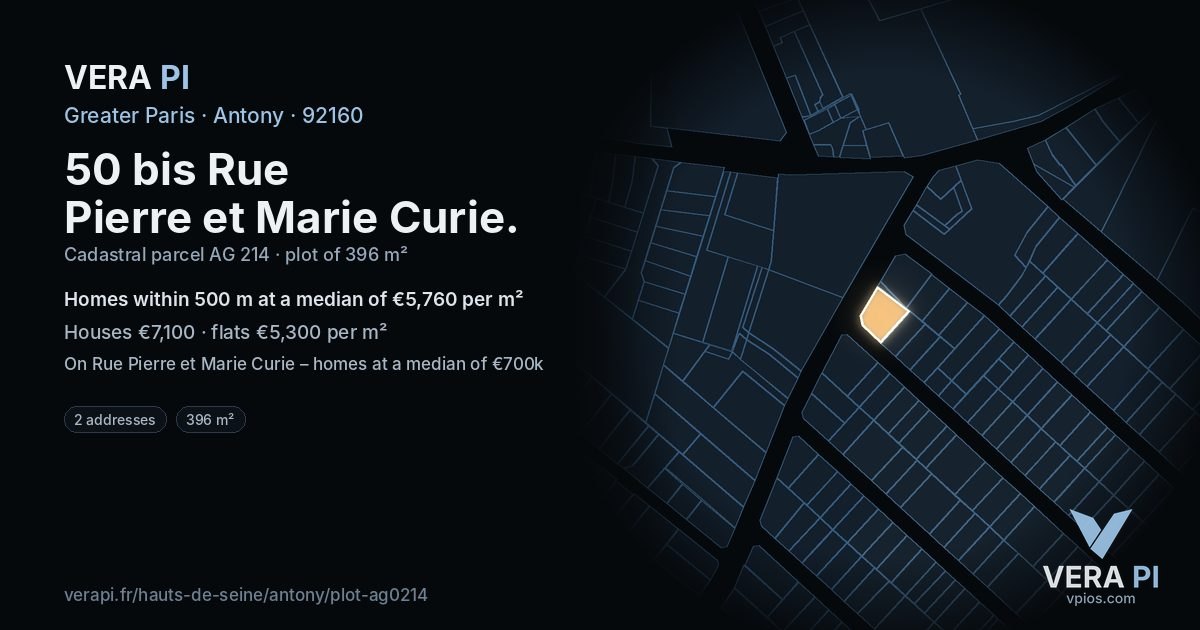 50 bis Rue Pierre et Marie Curie, Antony at night – the plot lit, the parcels around coloured by the prices near them