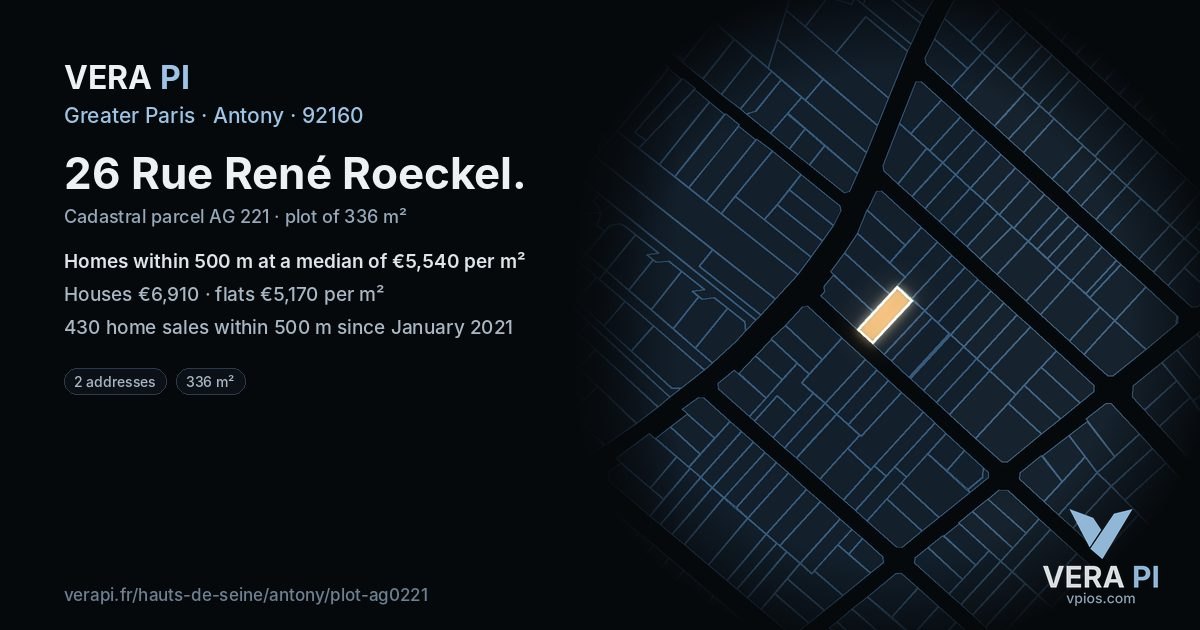 26 Rue René Roeckel, Antony at night – the plot lit, the parcels around coloured by the prices near them