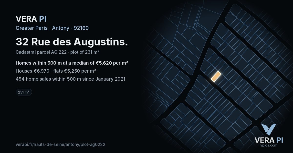 32 Rue des Augustins, Antony at night – the plot lit, the parcels around coloured by the prices near them