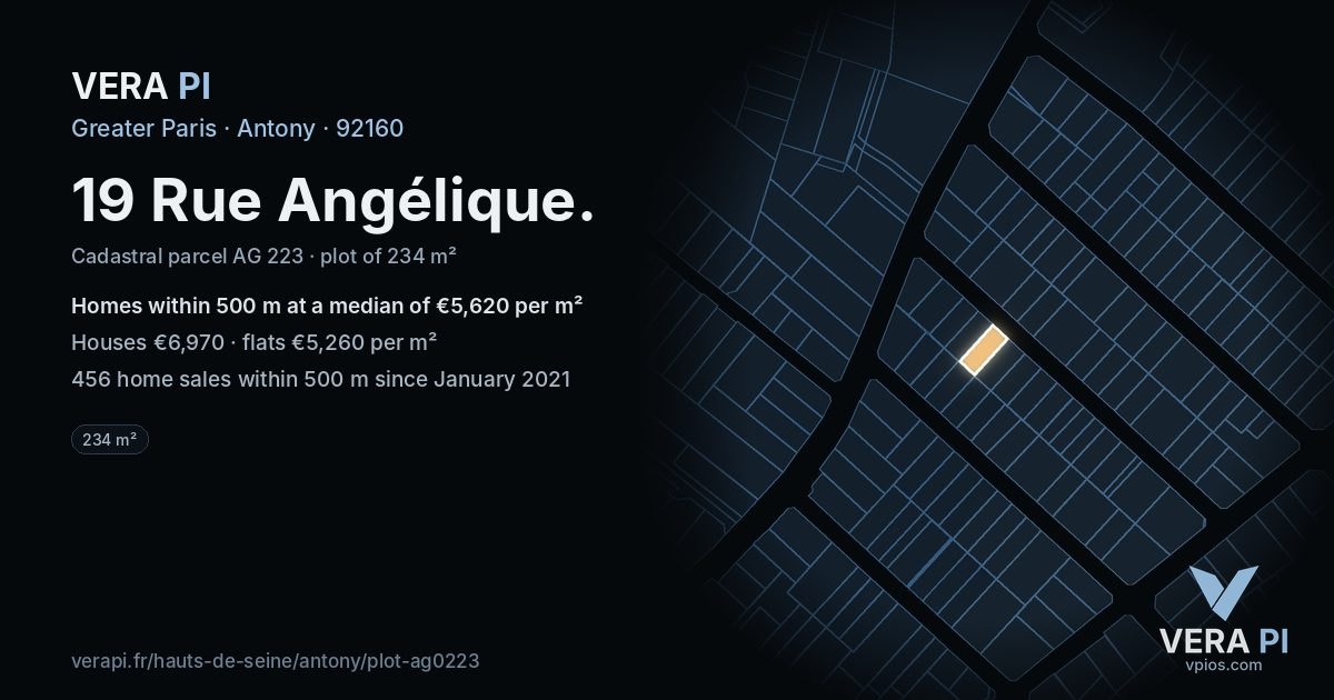 19 Rue Angélique, Antony at night – the plot lit, the parcels around coloured by the prices near them