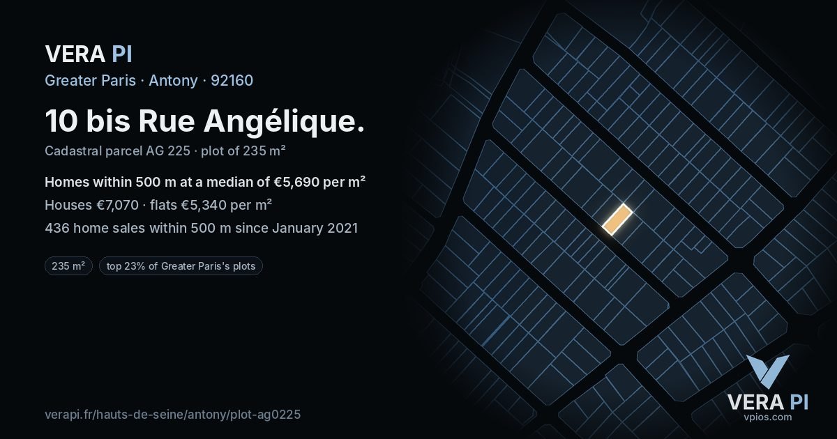 10 bis Rue Angélique, Antony at night – the plot lit, the parcels around coloured by the prices near them