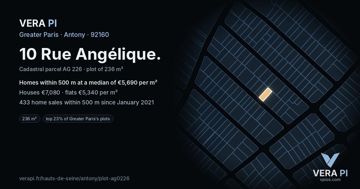 10 Rue Angélique, Antony at night – the plot lit, the parcels around coloured by the prices near them