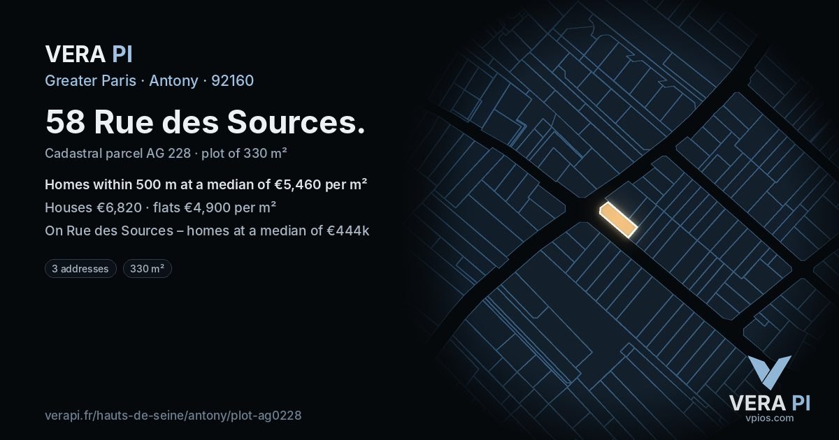 58 Rue des Sources, Antony at night – the plot lit, the parcels around coloured by the prices near them