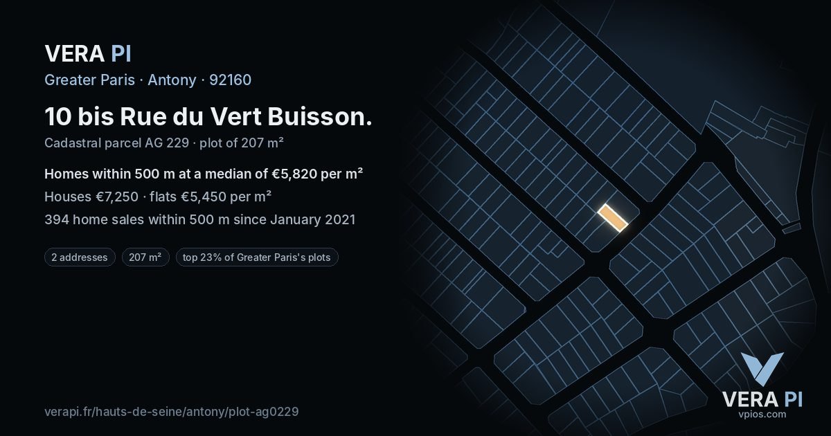 10 bis Rue du Vert Buisson, Antony at night – the plot lit, the parcels around coloured by the prices near them