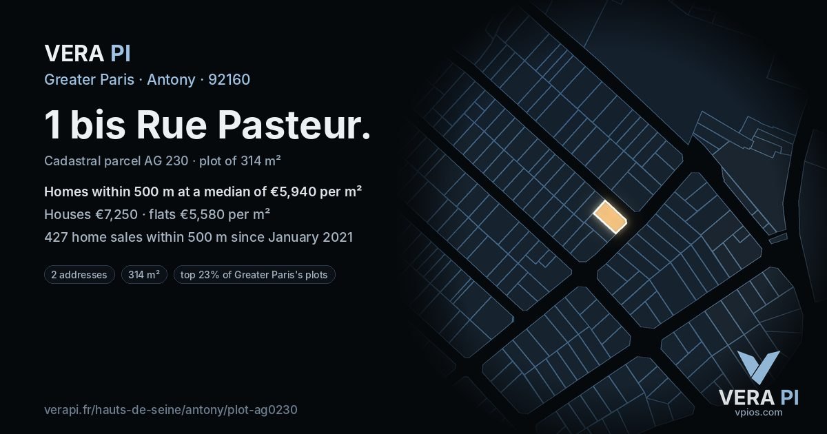 1 bis Rue Pasteur, Antony at night – the plot lit, the parcels around coloured by the prices near them