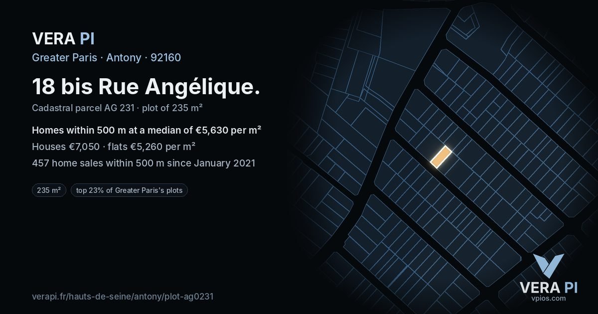 18 bis Rue Angélique, Antony at night – the plot lit, the parcels around coloured by the prices near them